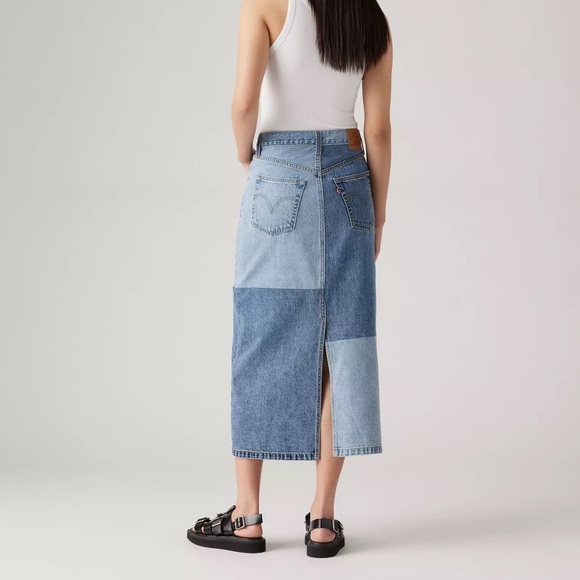 Levi's Premium Button Midi Jean Denim Skirt Size 31 Patch Design 100% Cotton New - Picture 3 of 16